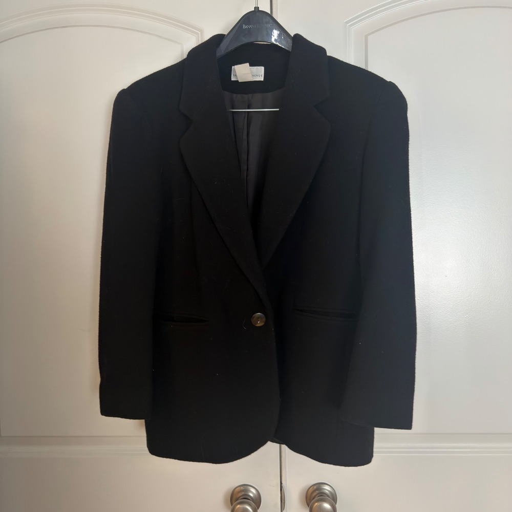 Saks Fifth Avenue Black Wool Blazer Single Button Notched Lapel Jacket Womens